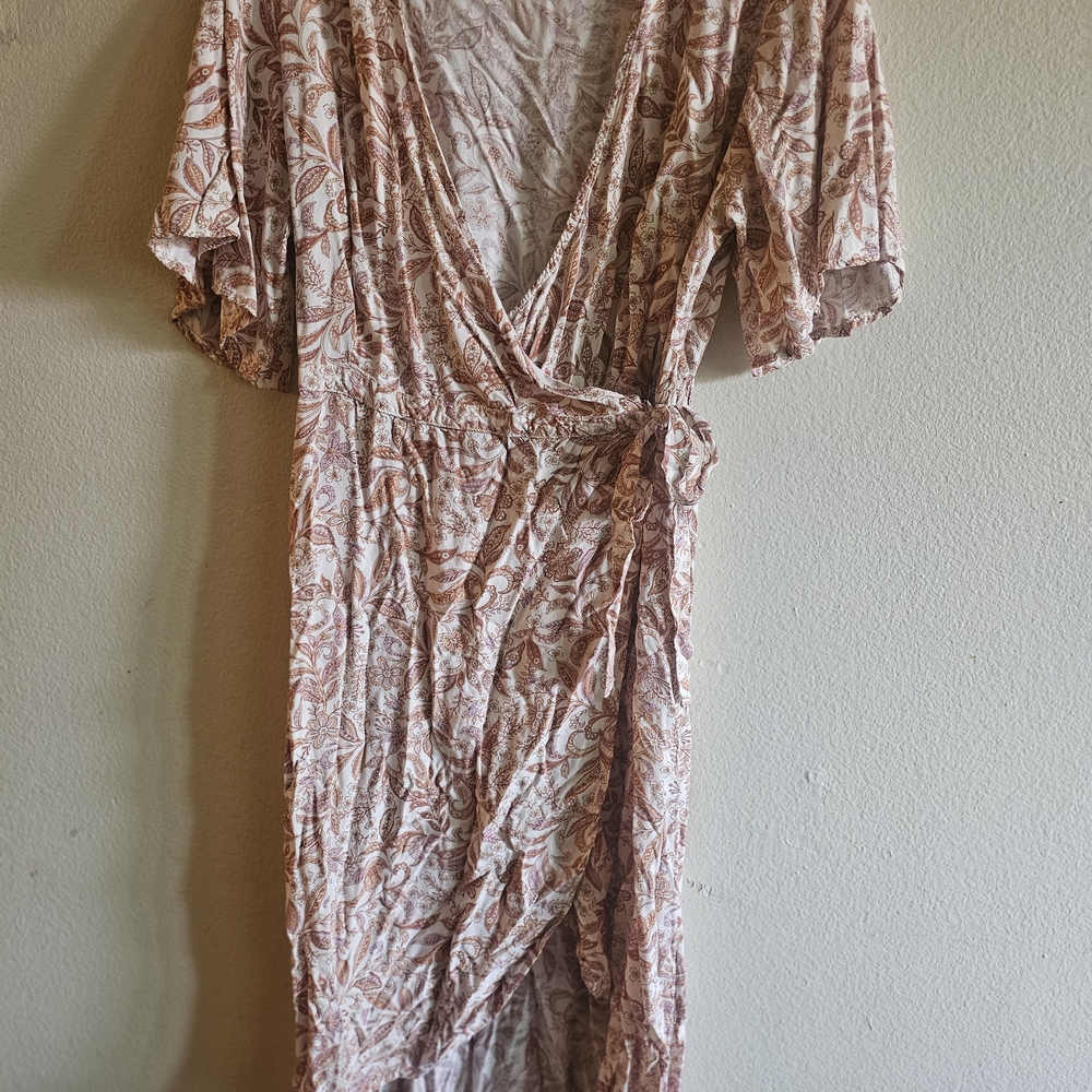 Rip Curl High Low Wrap Dress in Cream and Brown